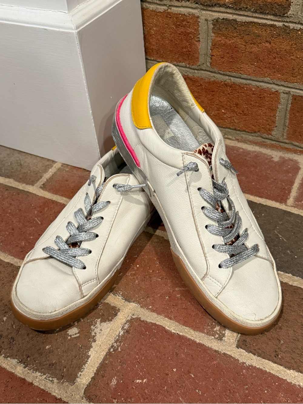 Dolce Vita White Leather Sneakers with cheetah, Yellow & Pink Accents